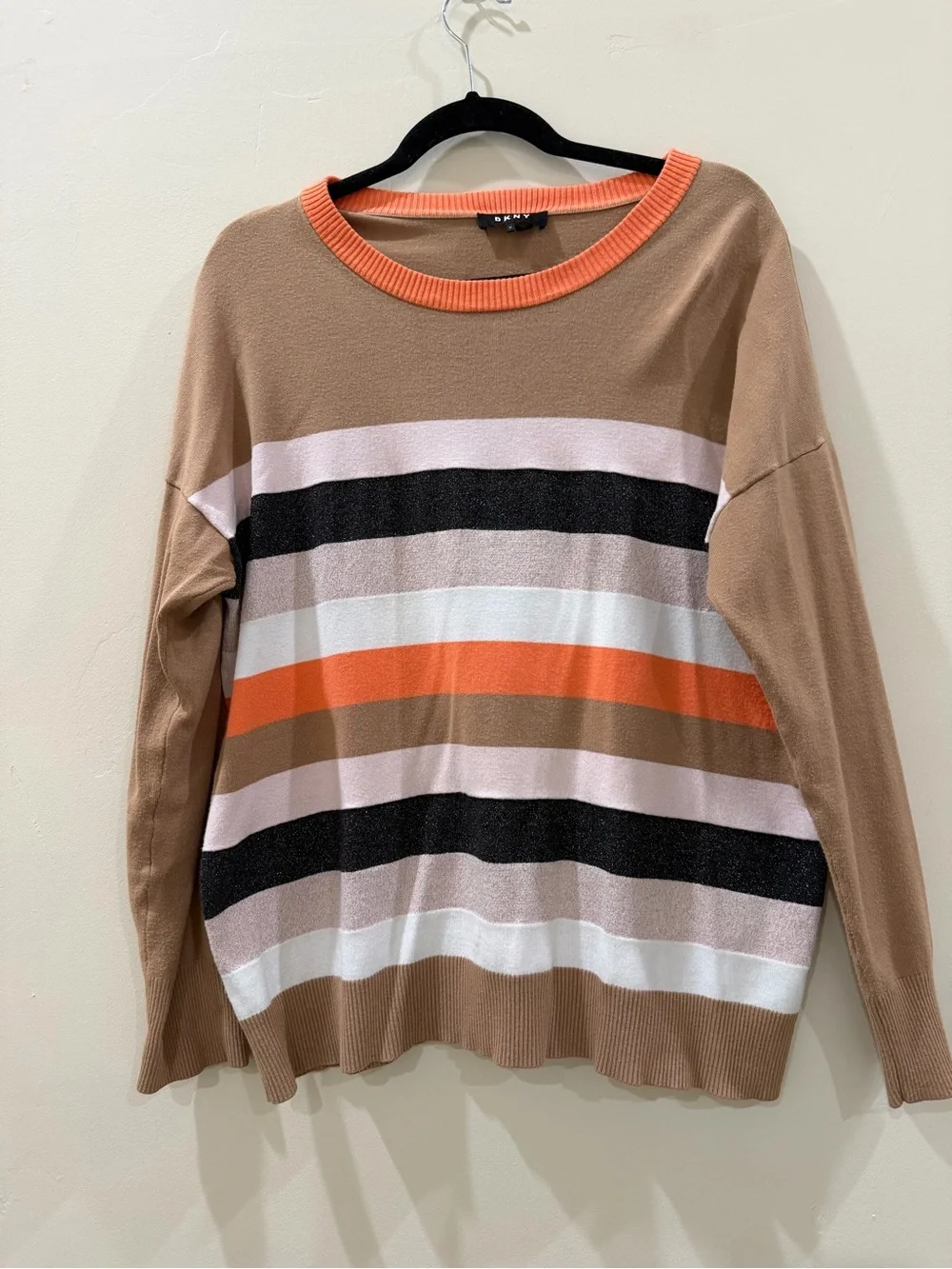 Striped Crewneck Sweater in Camel, Orange & Black - Picture 1 of 3